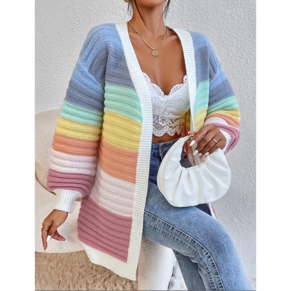 Shein Curve Rainbow Open Front Cardigan OXL 12 Balloon Puff Sleeve Oversized - Picture 1 of 8